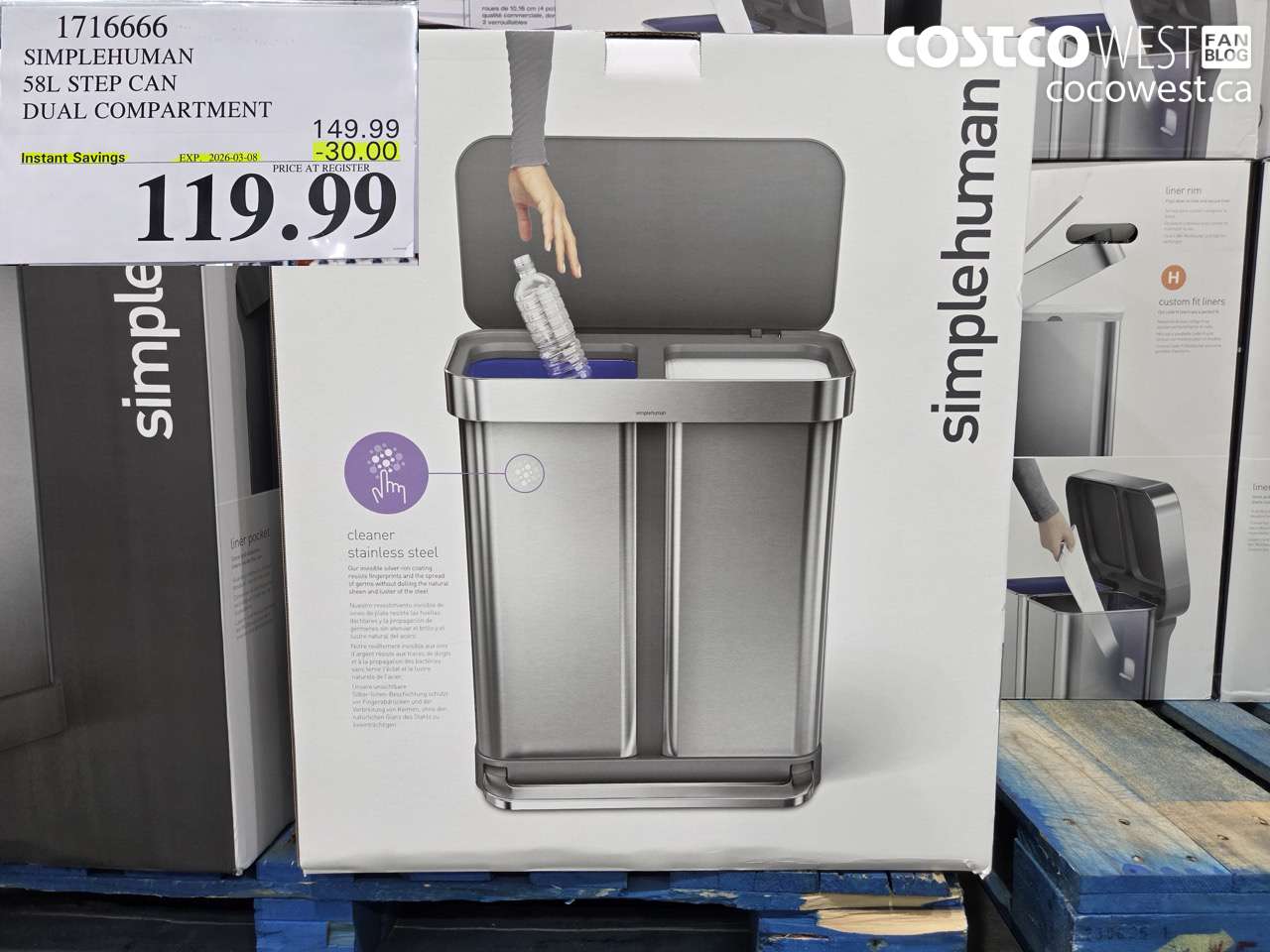171666 SIMPLEHUMAN 58L STEP CAN DUAL COMPARTMENT ($30.00 INSTANT SAVINGS EXPIRES ON 2026-03-08) $119.99