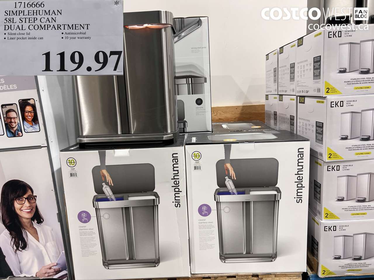 1716666 SIMPLEHUMAN 58L STEP CAN DUAL COMPARTMENT $119.97