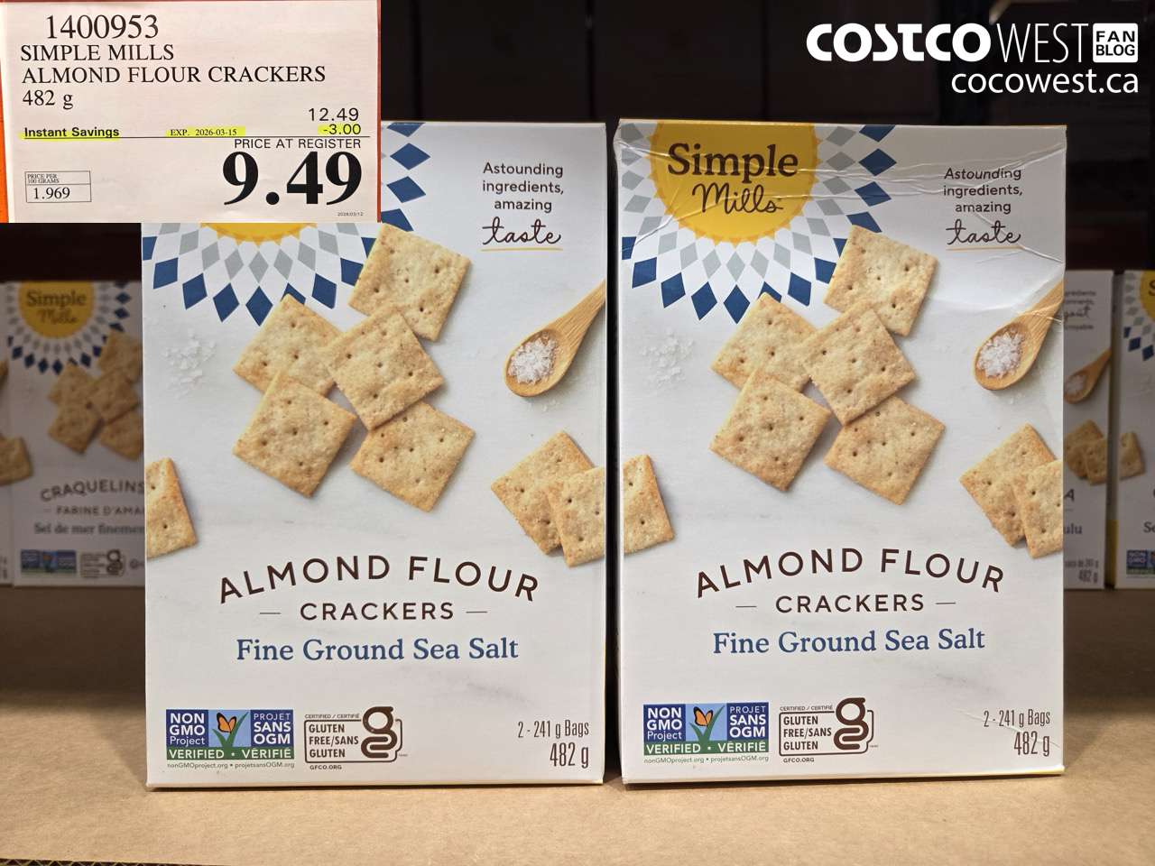1400953 SIMPLE MILLS ALMOND FLOUR CRACKERS 482G ($3.00 INSTANT SAVINGS EXPIRES ON 2026-03-15) $9.49