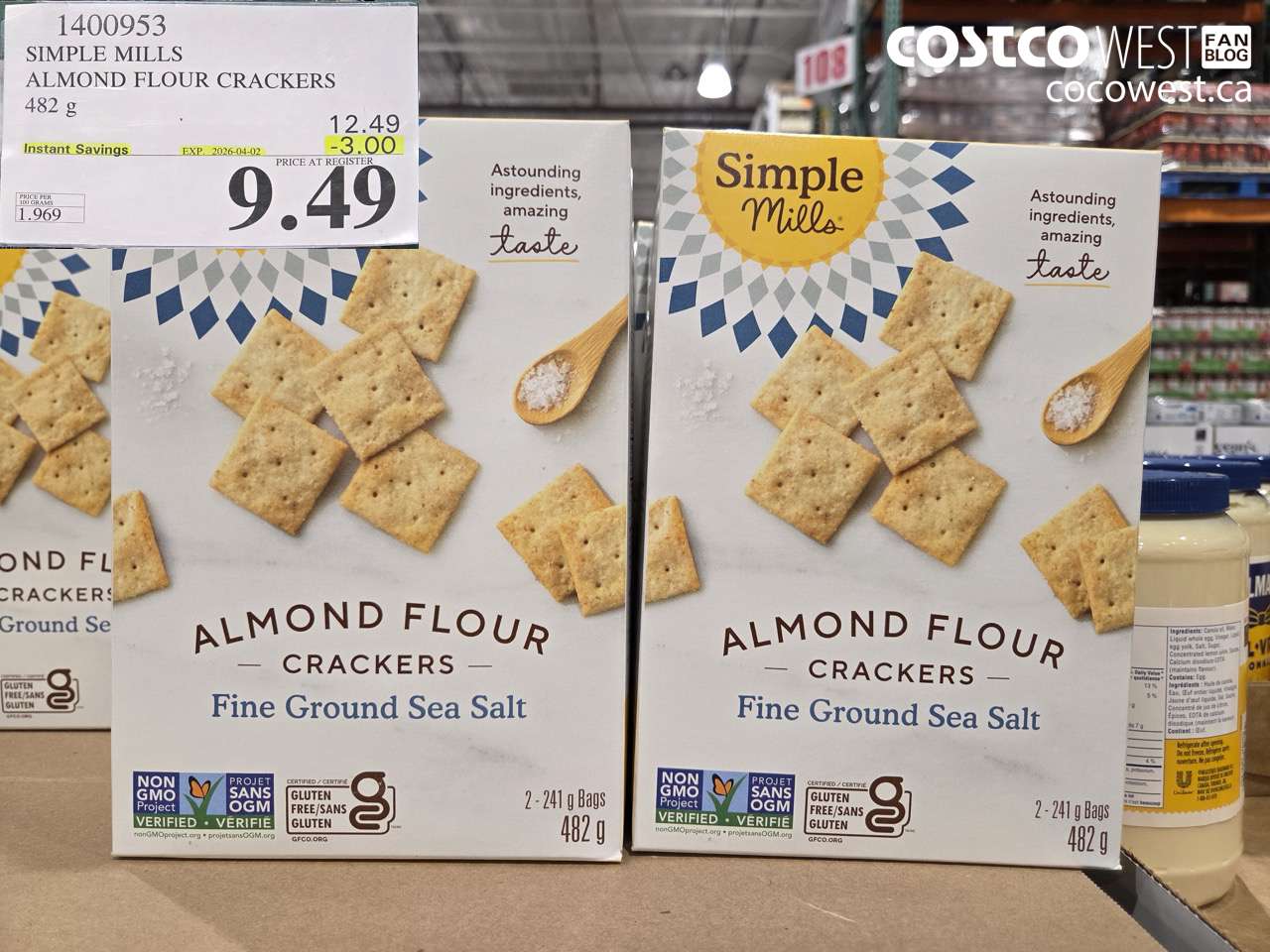 1400953 SIMPLE MILLS ALMOND FLOUR CRACKERS 482 G ($3.00 INSTANT SAVINGS EXPIRES ON 2026-04-02) $9.49