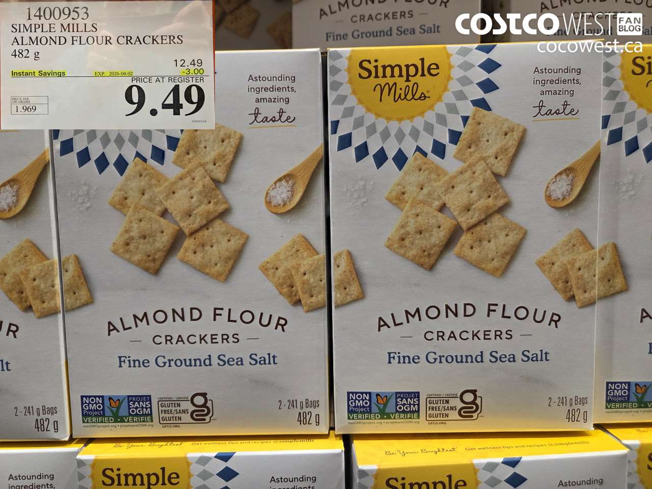1400953 SIMPLE MILLS ALMOND FLOUR CRACKERS 482 G ($3.00 INSTANT SAVINGS EXPIRES ON 2026-04-02) $9.49