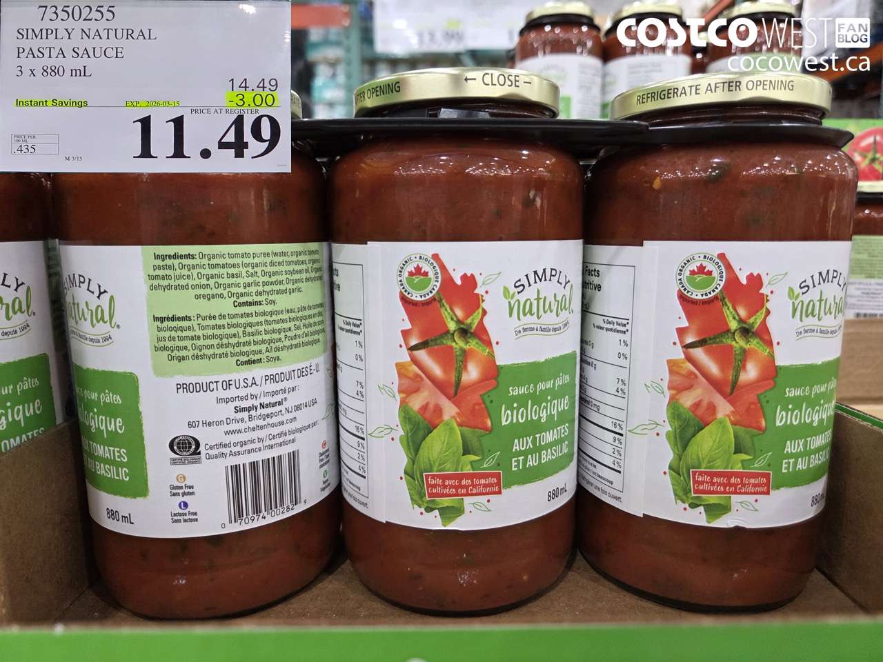 7350255 SIMPLY NATURAL PASTA SAUCE 3 X 880 ML ($3.00 INSTANT SAVINGS EXPIRES ON 2026-03-15) $11.49