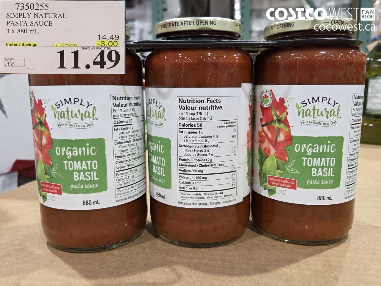 7350255 SIMPLY NATURAL PASTA SAUCE 3 X 880 ML ($3.00 INSTANT SAVINGS EXPIRES ON 2026-03-15) $11.49