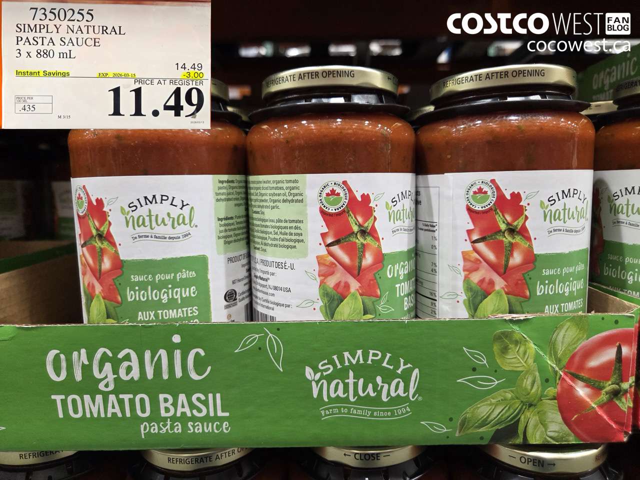 7350255 SIMPLY NATURAL PASTA SAUCE 3 X 880 ML ($3.00 INSTANT SAVINGS EXPIRES ON 2026-03-15) $11.49