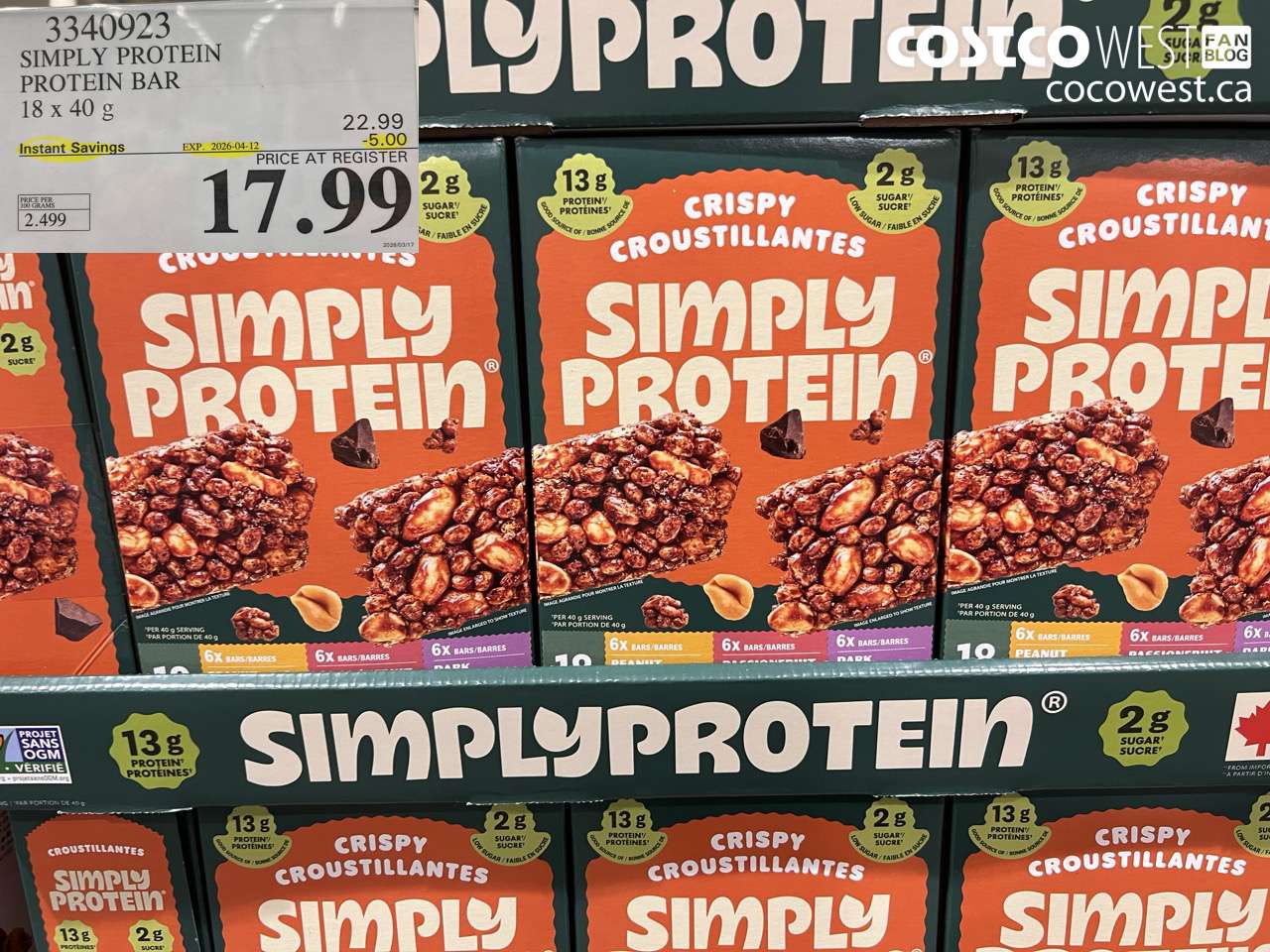 3340923 SIMPLY PROTEIN PROTEIN BAR 18 X 40 G ($5.00 INSTANT SAVINGS EXPIRES ON 2026-04-12) $17.99