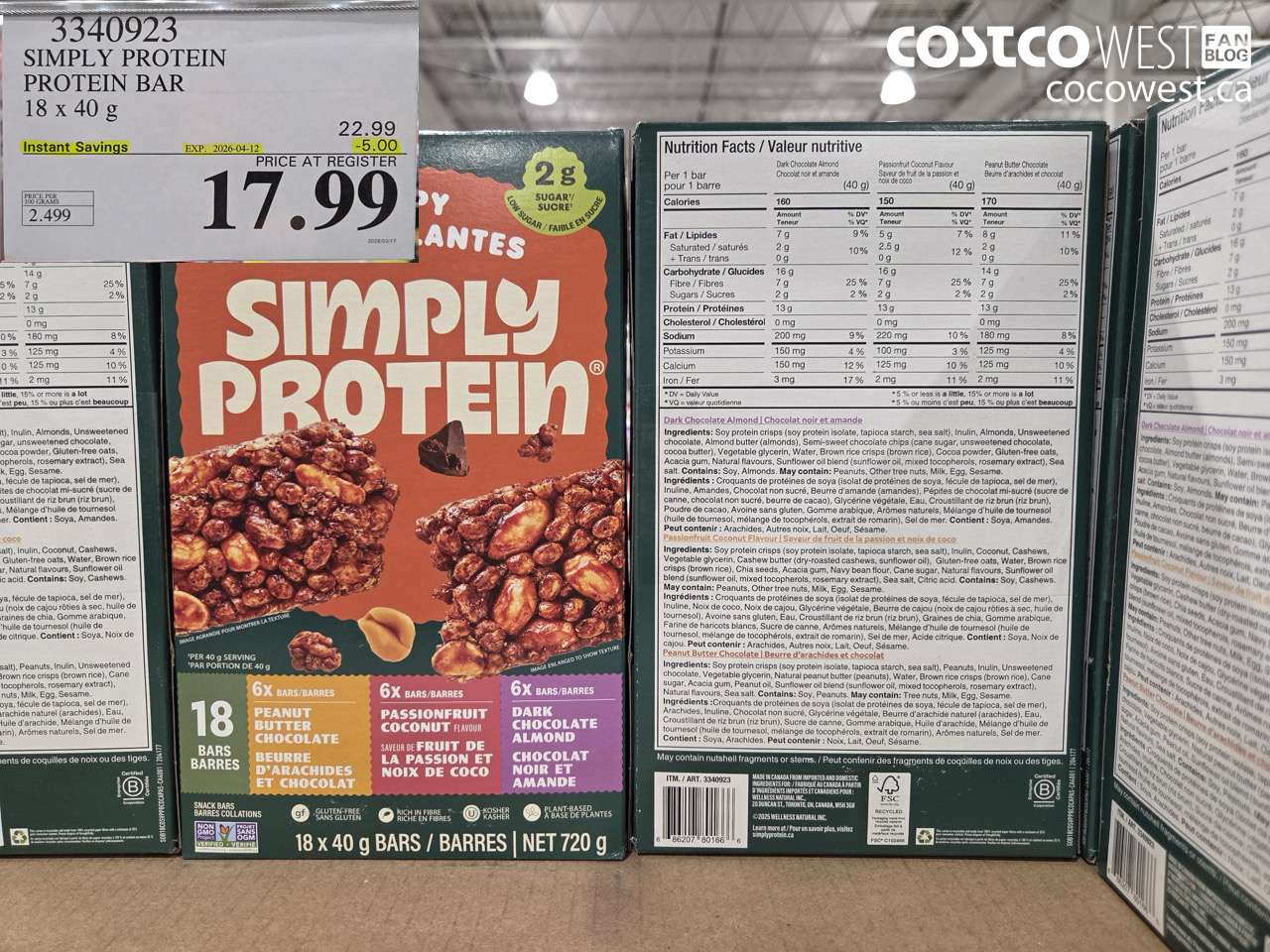 3340923 SIMPLY PROTEIN PROTEIN BAR 18 X 40 G ($5.00 INSTANT SAVINGS EXPIRES ON 2026-04-12) $17.99