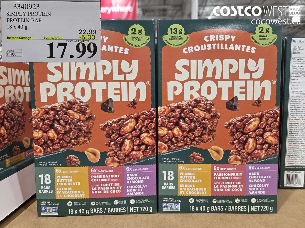 3340923 SIMPLY PROTEIN PROTEIN BAR 18 X 40 G ($5.00 INSTANT SAVINGS EXPIRES ON 2026-04-12) $17.99