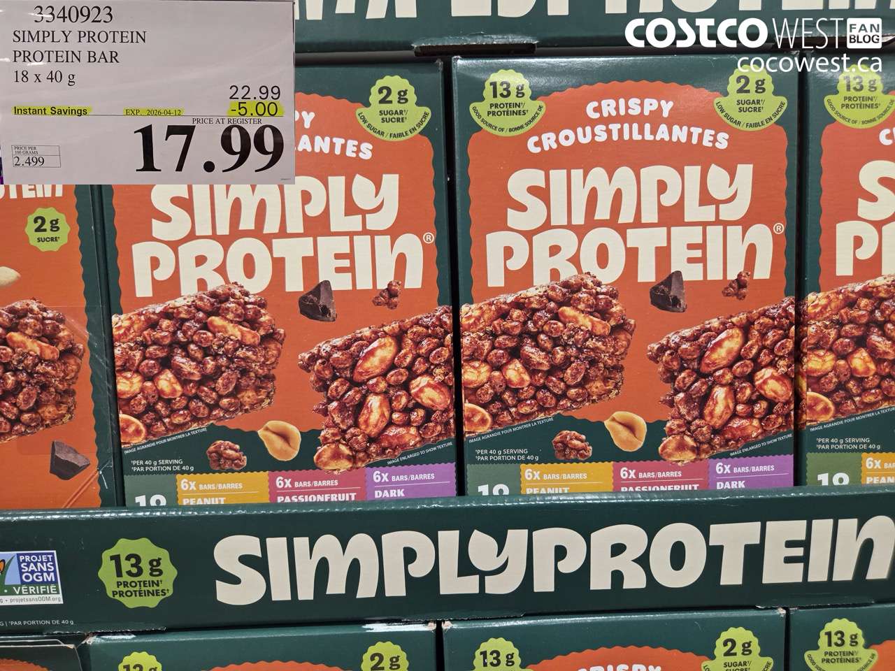 3340923 SIMPLY PROTEIN PROTEIN BAR 18 X 40 G ($5.00 INSTANT SAVINGS EXPIRES ON 2026-04-12) $17.99