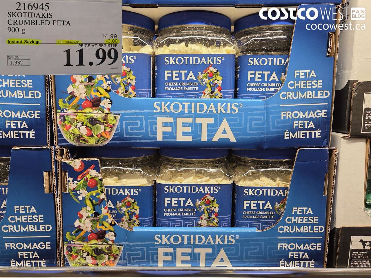 216945 SKOTIDAKIS CRUMBLED FETA 900G ($3.00 INSTANT SAVINGS EXPIRES ON 2026-04-05) $11.99