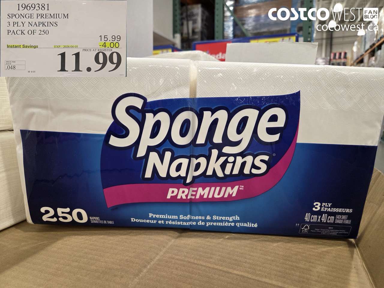 1969381 SPONGE PREMIUM 3 PLY NAPKINS PACK OF 250 ($4.00 INSTANT SAVINGS EXPIRES ON 2026-04-05) $11.99