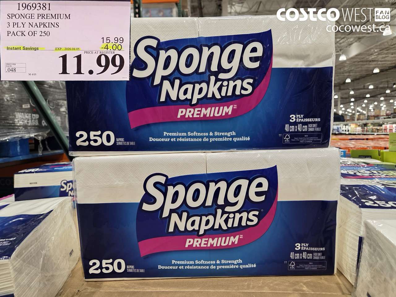 1969381 SPONGE PREMIUM 3 PLY NAPKINS PACK OF 250 ($4.00 INSTANT SAVINGS EXPIRES ON 2026-04-05) $11.99