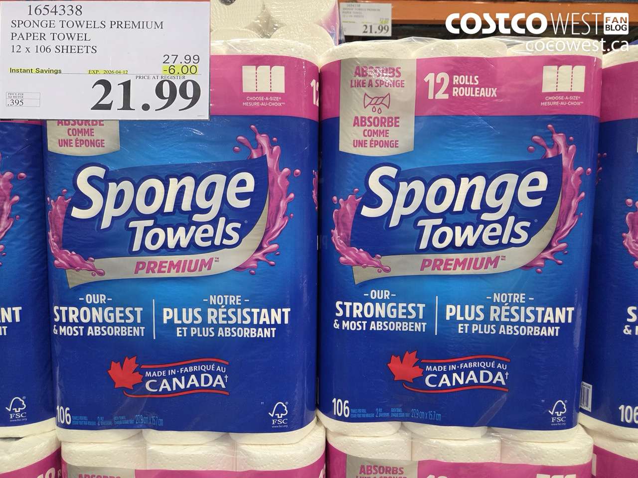 16543338 SPONGE TOWELS PREMIUM PAPER TOWEL 12 X 106 SHEETS ($6.00 INSTANT SAVINGS EXPIRES ON 2026-04-12) $21.99