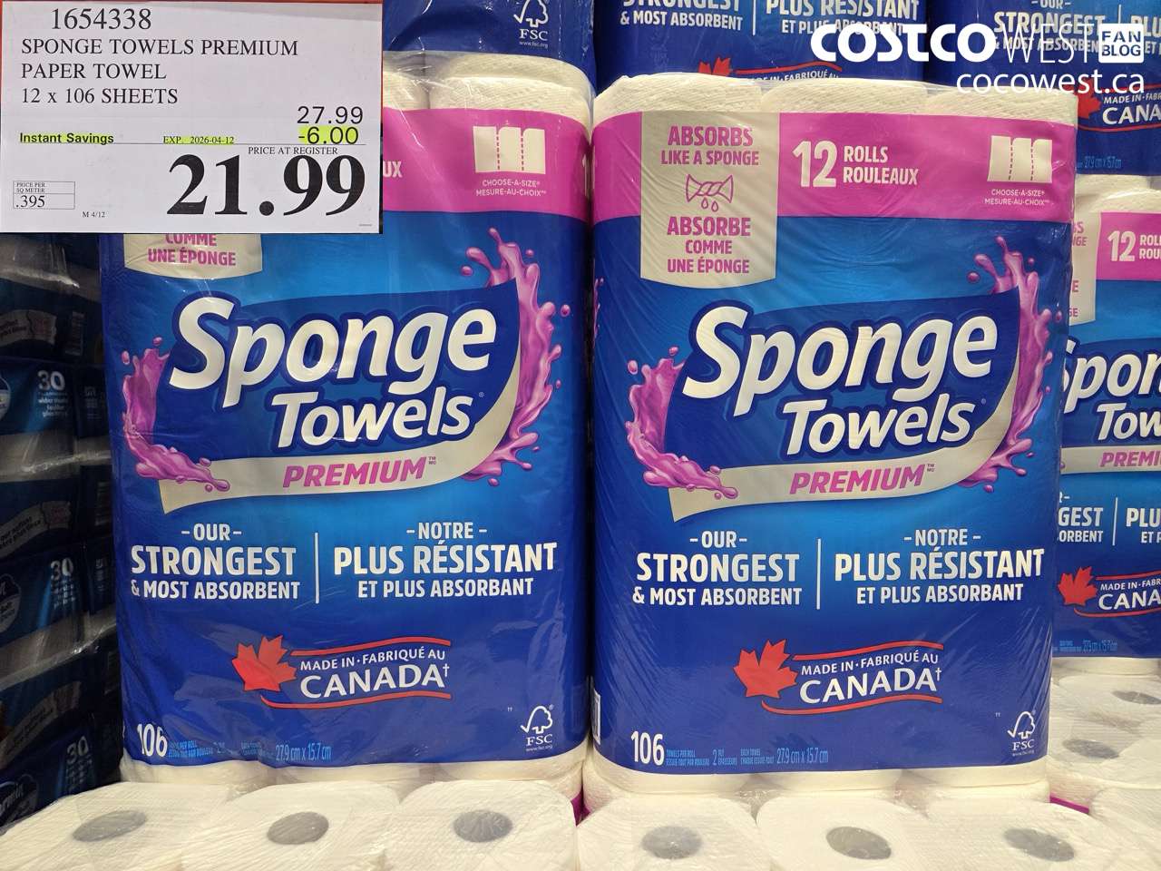 1654338 SPONGE TOWELS PREMIUM PAPER TOWEL 12 X 106 SHEETS ($6.00 INSTANT SAVINGS EXPIRES ON 2026-04-12) $21.99