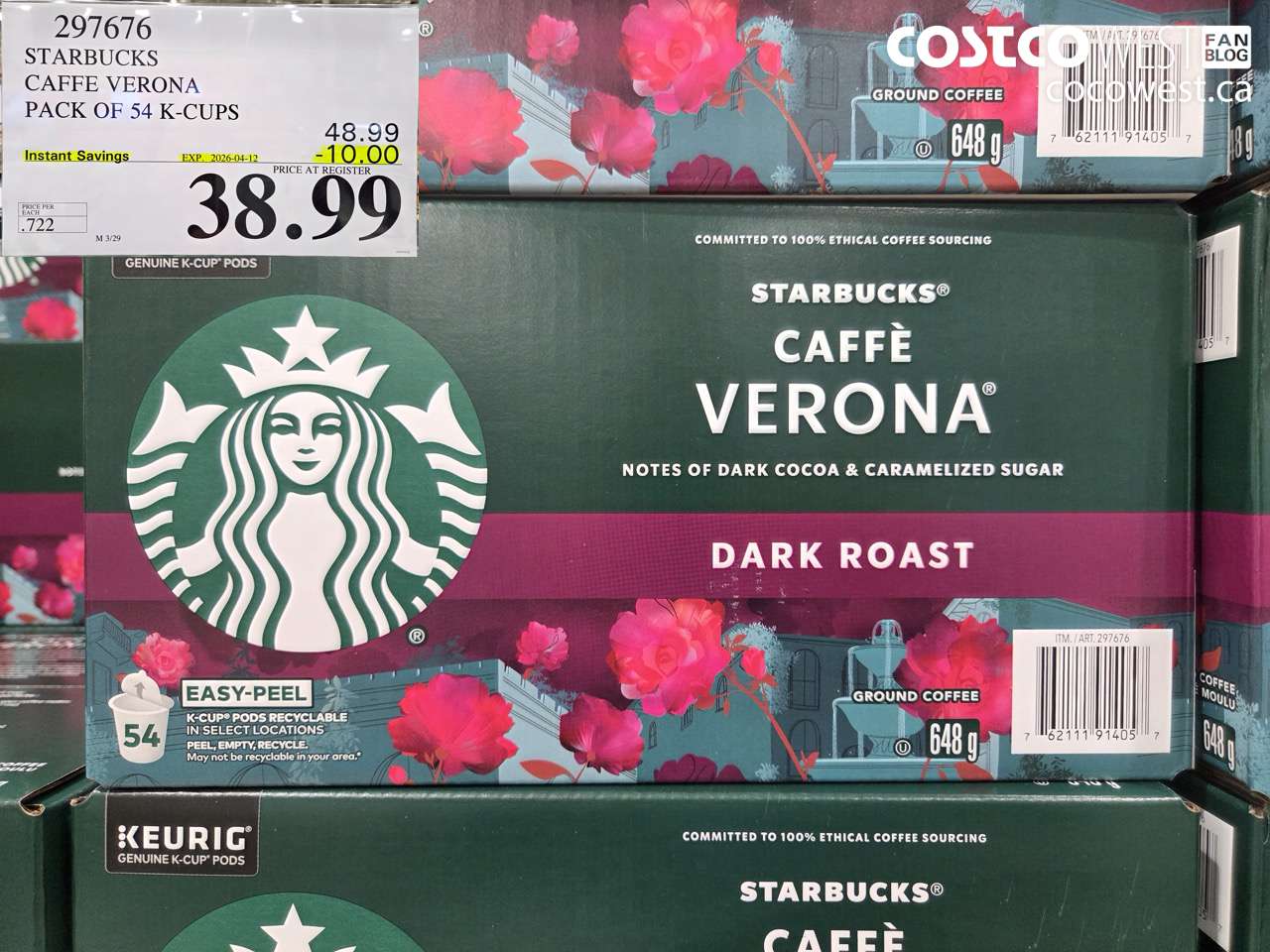297676 STARBUCKS CAFFE VERONA PACK OF 54 K-CUPS ($10.00 INSTANT SAVINGS EXPIRES ON 2026-04-12) $38.99