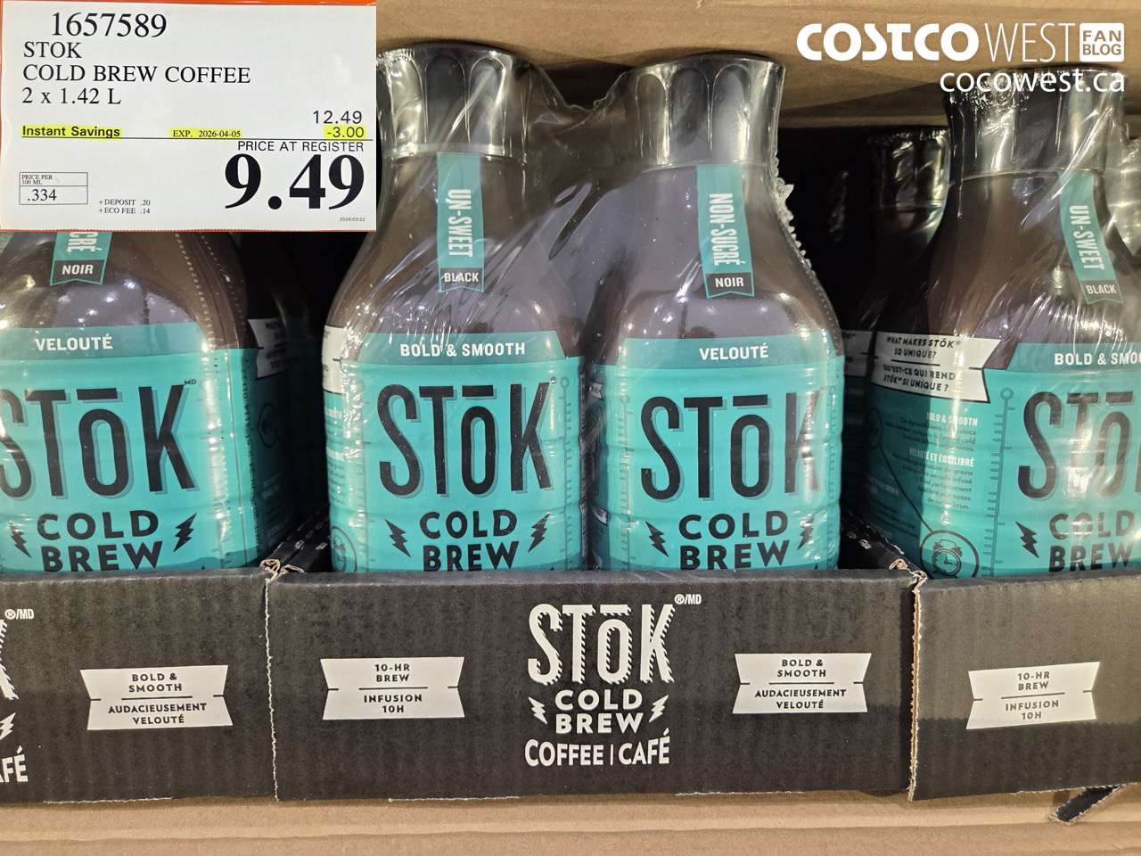 1657589 STOK COLD BREW COFFEE 2 X 1.42 L ($3.00 INSTANT SAVINGS EXPIRES ON 2026-04-05) $9.49