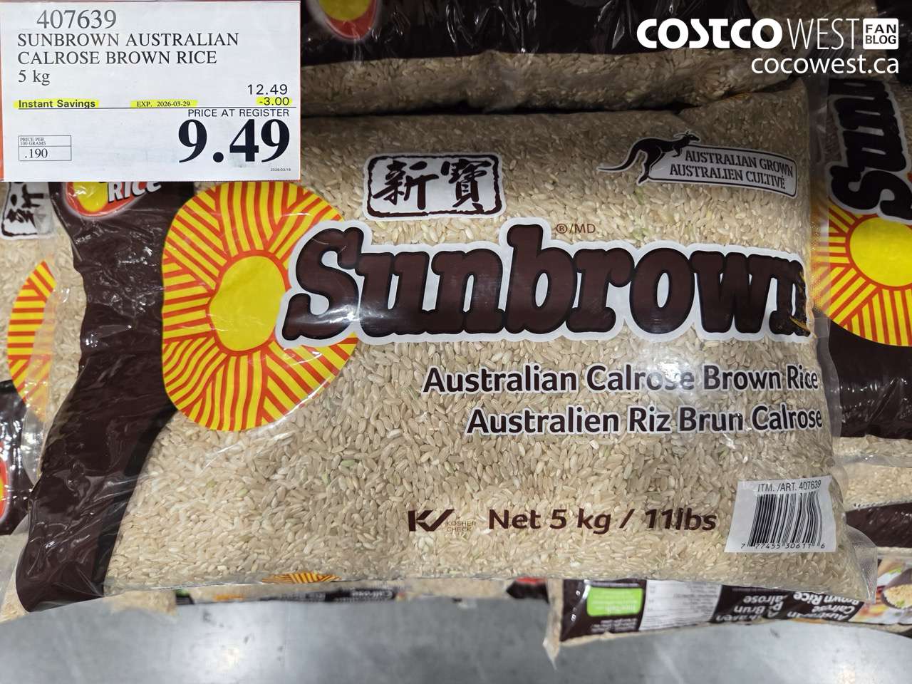 407639 SUNBROWN AUSTRALIAN CALROSE BROWN RICE 5 KG ($3.00 INSTANT SAVINGS EXPIRES ON 2026-03-29) $9.49