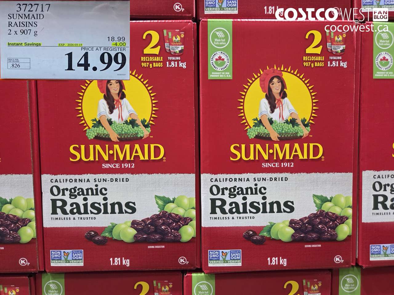 372717 SUNMAID RAISINS 2 X 907 G ($4.00 INSTANT SAVINGS EXPIRES ON 2026-03-15) $14.99