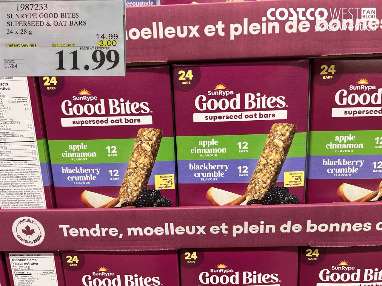 1987233 SUNRYPE GOOD BITES SUPERSEED & OAT BARS 24 X 28G ($3.00 INSTANT SAVINGS EXPIRES ON 2026-03-22) $11.99