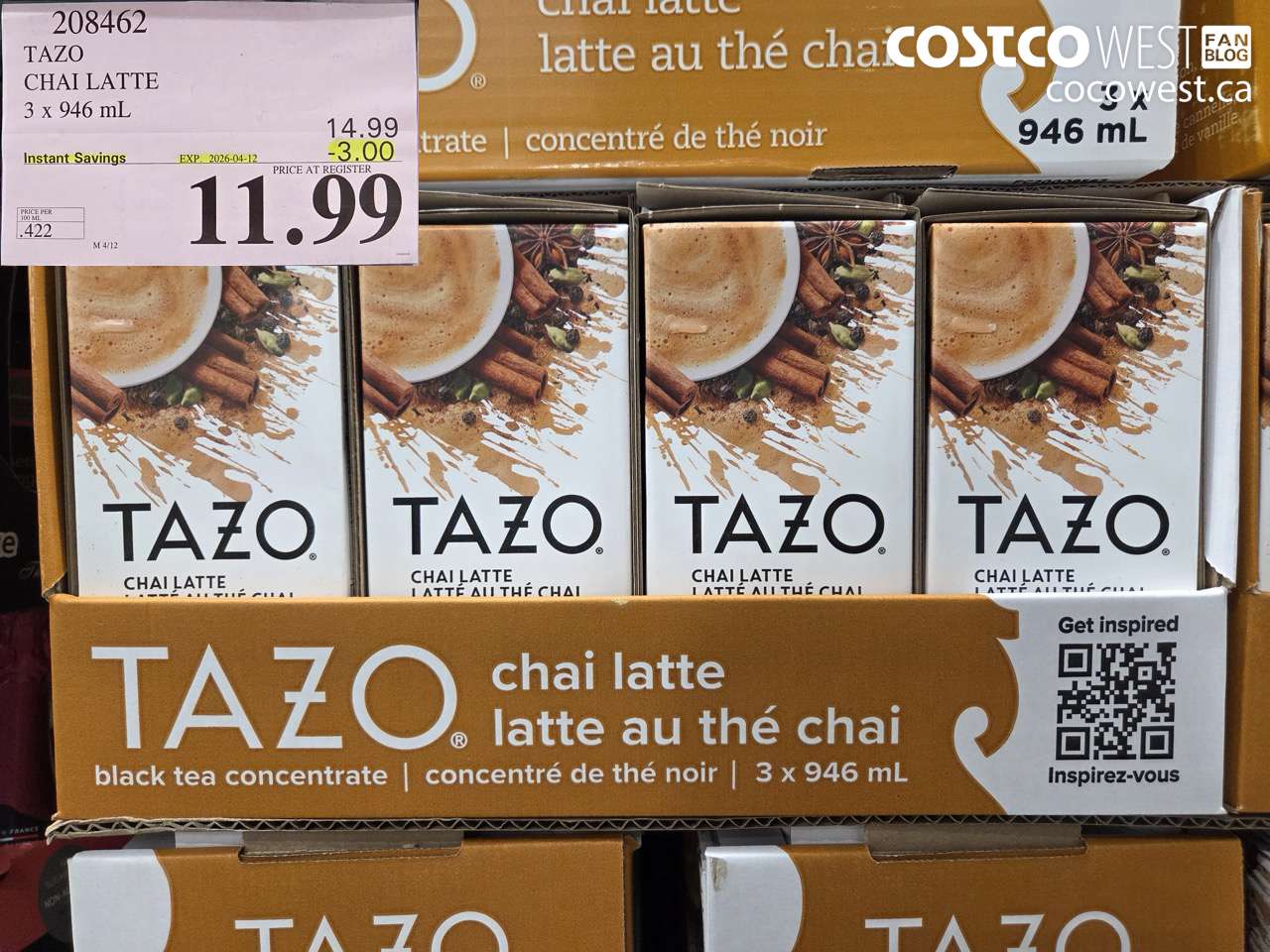 208462 TAZO CHAI LATTE 3 X 946 ML ($3.00 INSTANT SAVINGS EXPIRES ON 2026-04-12) $11.99