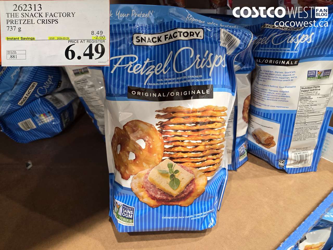 262313 THE SNACK FACTORY PRETZEL CRISPS 737 G ($2.00 INSTANT SAVINGS EXPIRES ON 2026-03-29) $6.49