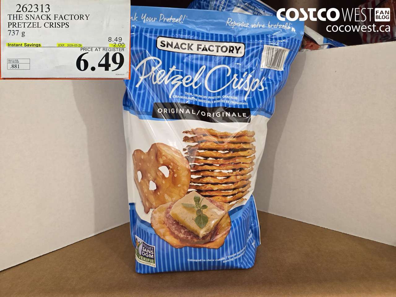 262313 THE SNACK FACTORY PRETZEL CRISPS 737 G ($2.00 INSTANT SAVINGS EXPIRES ON 2026-03-29) $6.49