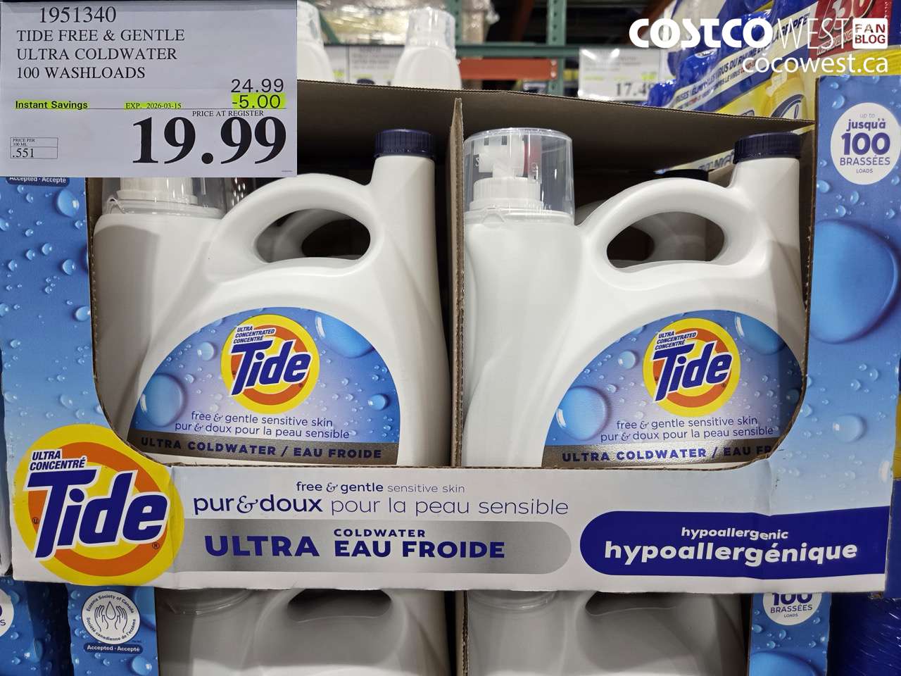 1951340 TIDE FREE & GENTLE ULTRA COLDWATER 100 WASHLOADS ($5.00 INSTANT SAVINGS EXPIRES ON 2026-03-15) $19.99