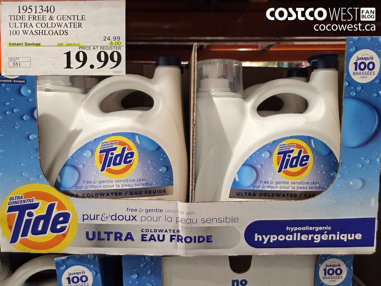 1951340 TIDE FREE & GENTLE ULTRA COLDWATER 100 WASHLOADS ($5.00 INSTANT SAVINGS EXPIRES ON 2026-03-15) $19.99