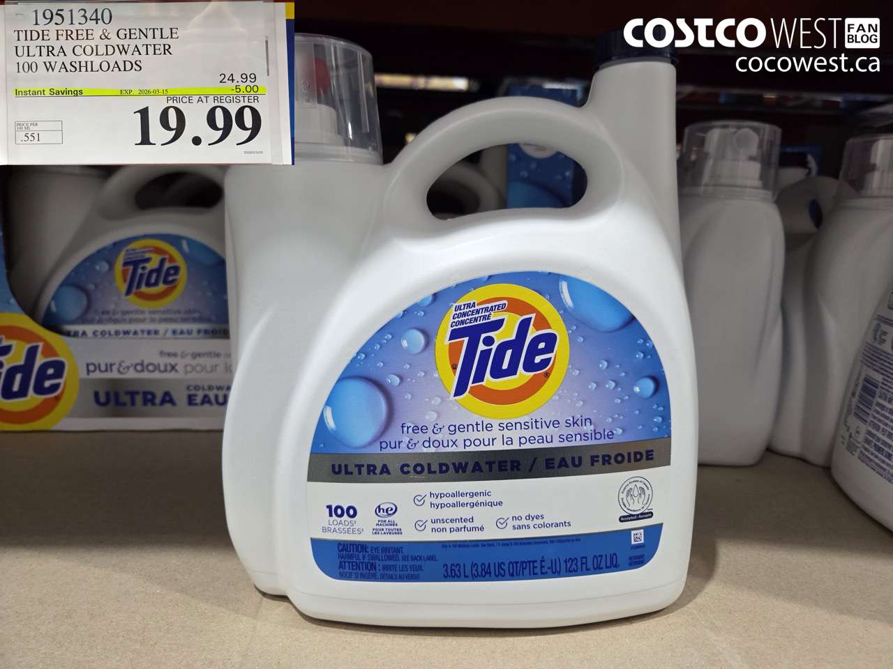 1951340 TIDE FREE & GENTLE ULTRA COLDWATER 100 WASHLOADS ($5.00 INSTANT SAVINGS EXPIRES ON 2026-03-15) $19.99