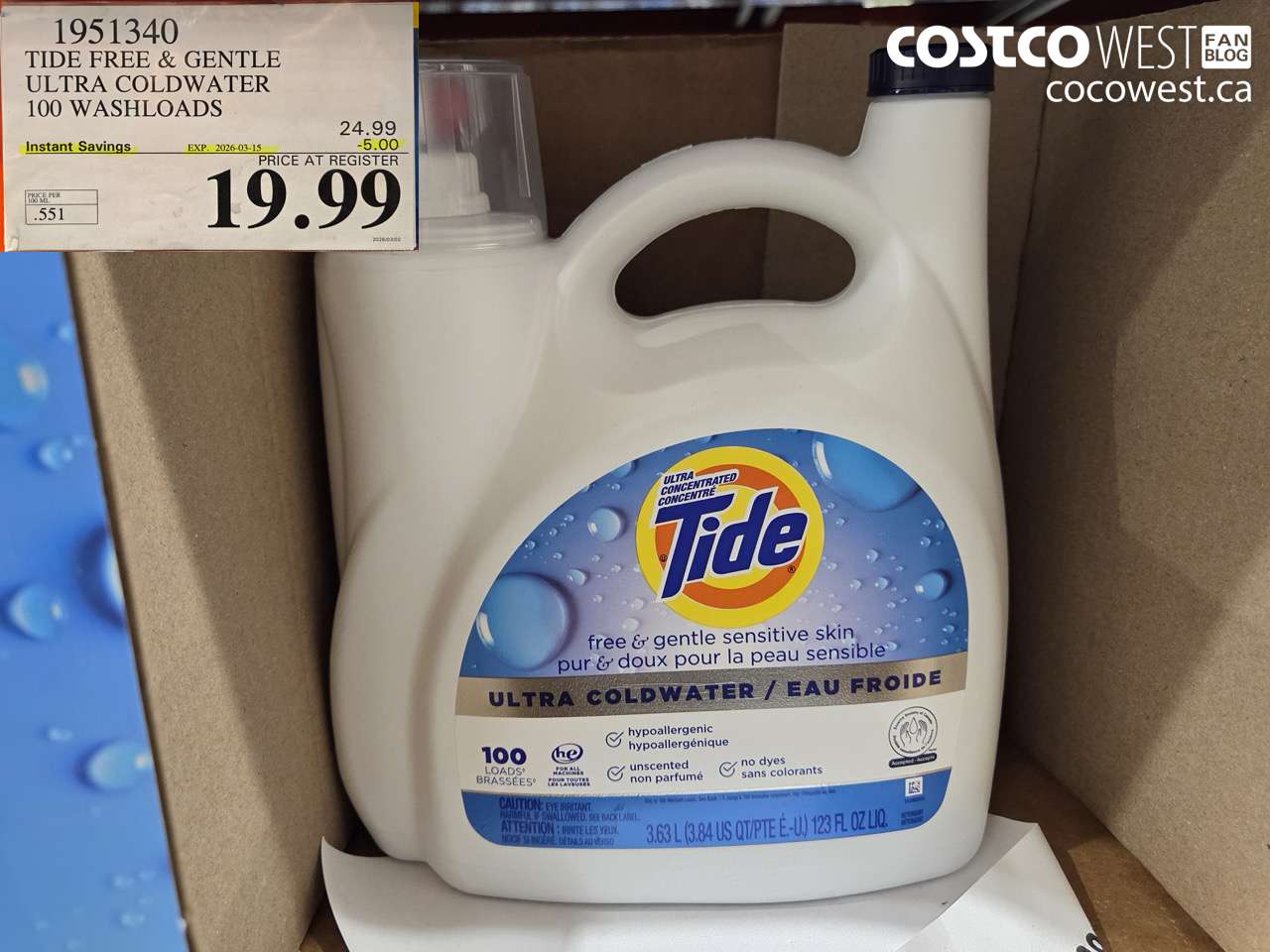 1951340 TIDE FREE & GENTLE ULTRA COLDWATER 100 WASHLOADS ($5.00 INSTANT SAVINGS EXPIRES ON 2026-03-15) $19.99