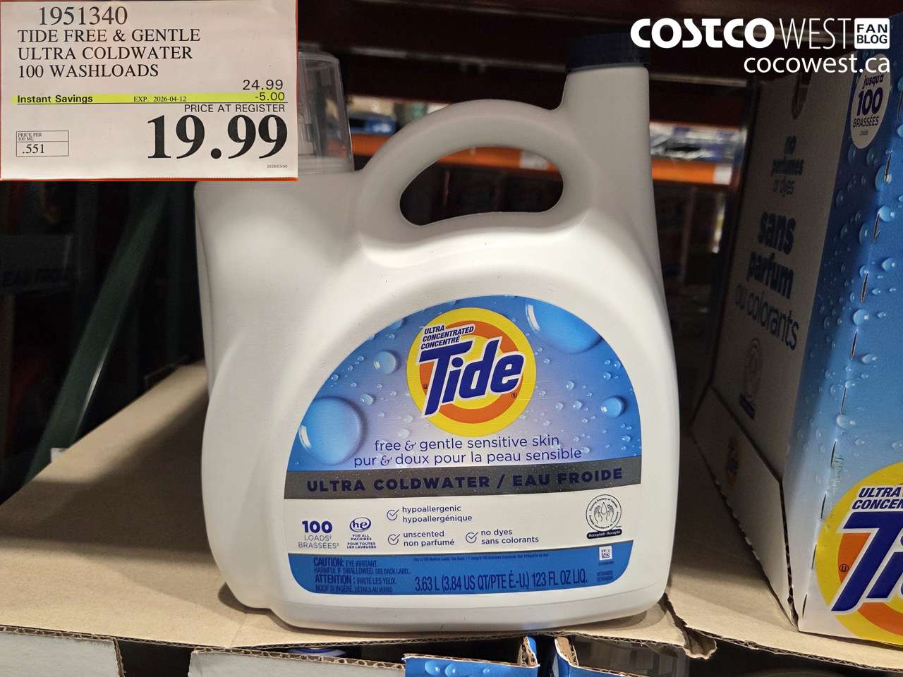 1951340 TIDE FREE & GENTLE ULTRA COLDWATER 100 WASHLOADS ($5.00 INSTANT SAVINGS EXPIRES ON 2026-04-12) $19.99