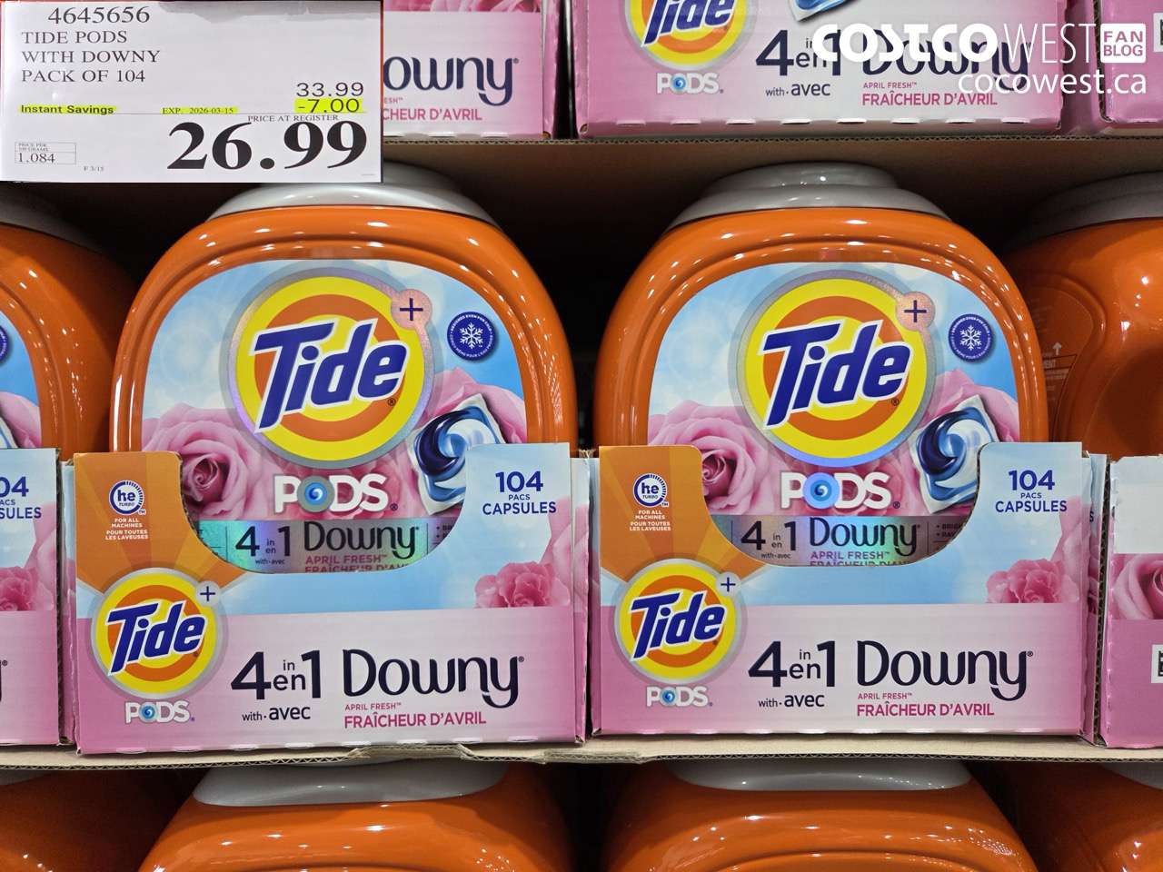 4645656 TIDE PODS WITH DOWNY PACK OF 104 ($7.00 INSTANT SAVINGS EXPIRES ON 2026-03-15) $26.99