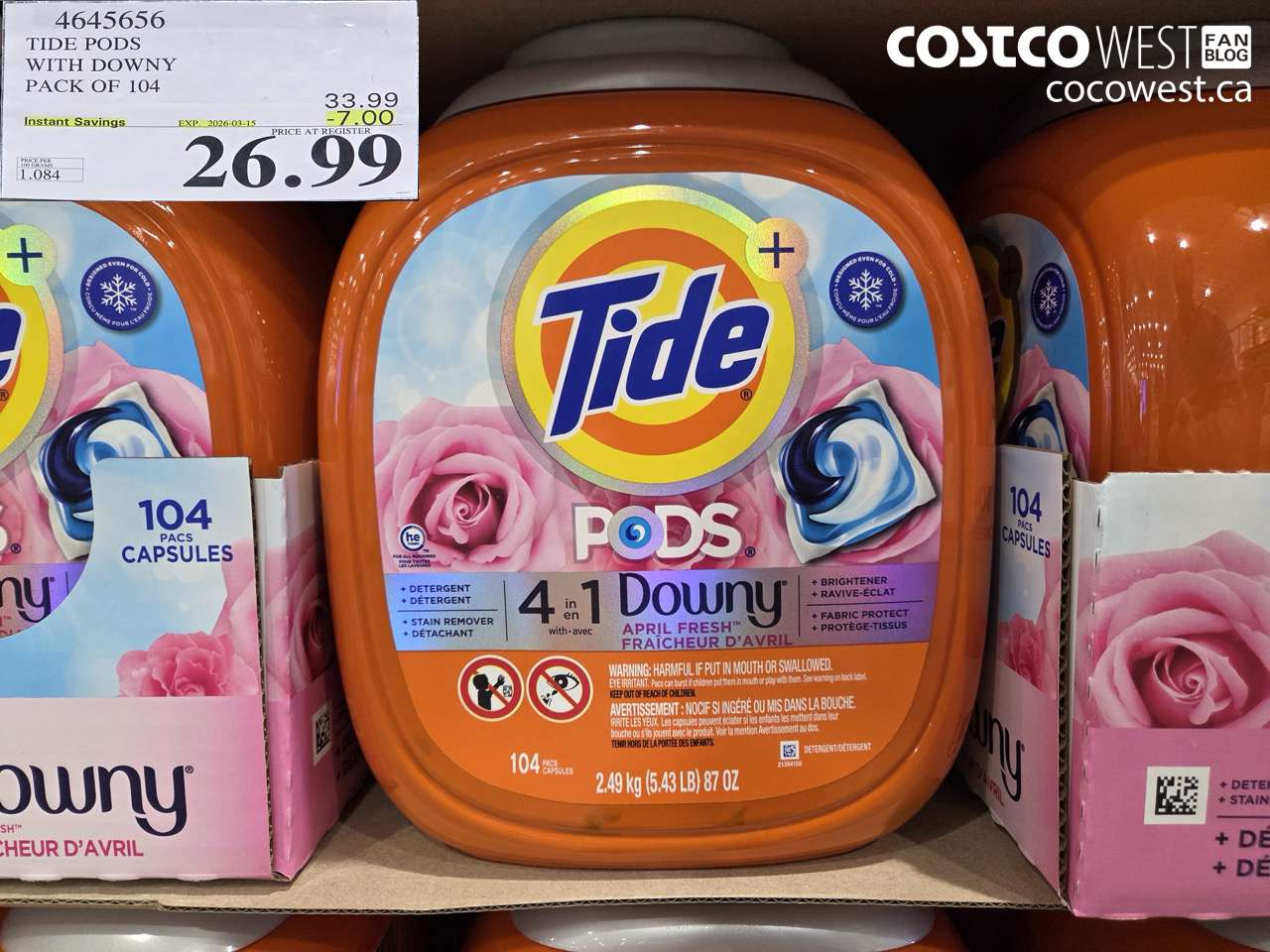 4645656 TIDE PODS WITH DOWNY PACK OF 104 ($7.00 INSTANT SAVINGS EXPIRES ON 2026-03-15) $26.99