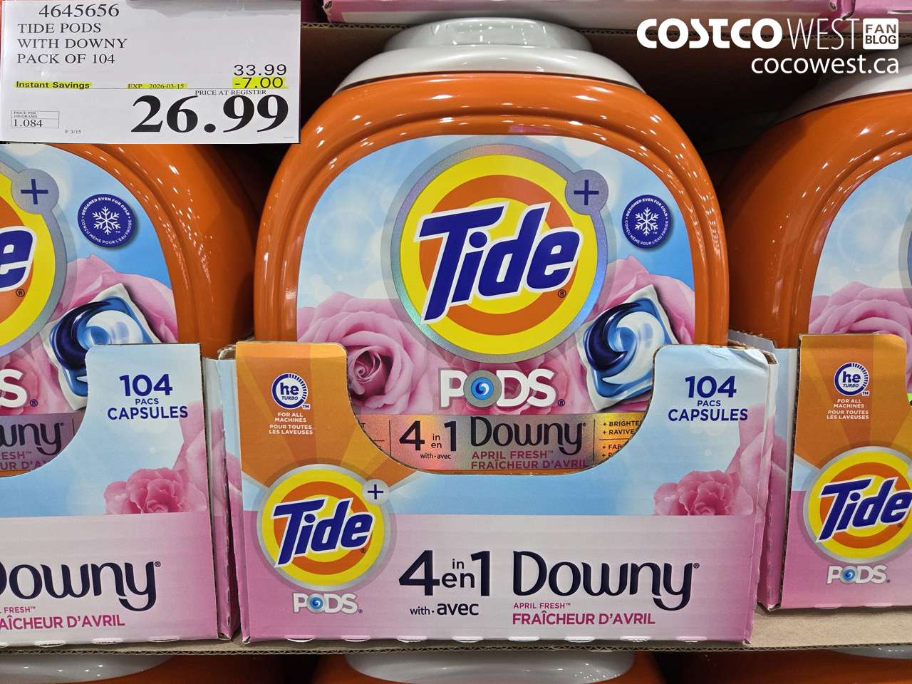 4645656 TIDE PODS WITH DOWNY PACK OF 104 ($7.00 INSTANT SAVINGS EXPIRES ON 2026-03-15) $26.99
