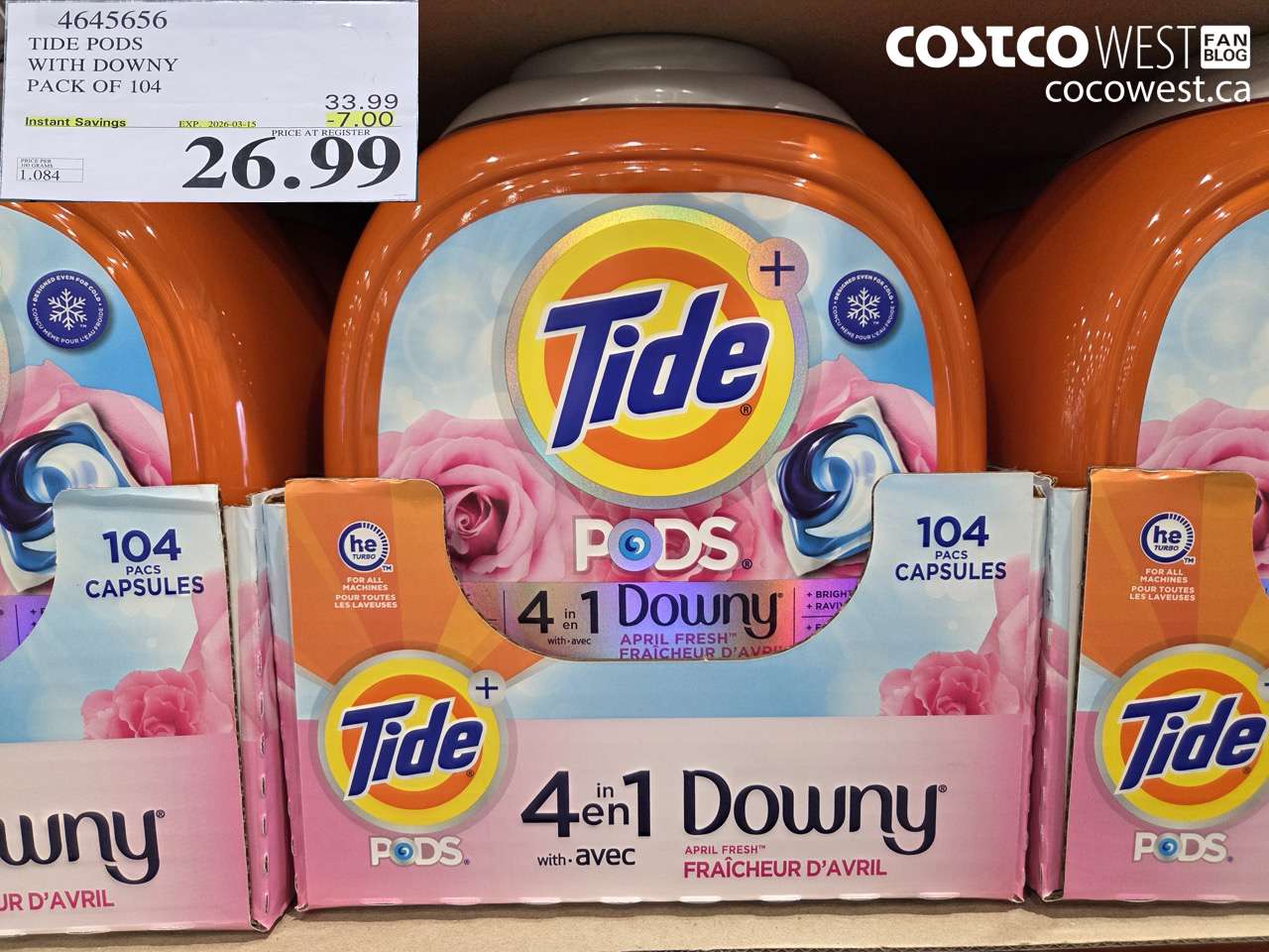 4645656 TIDE PODS WITH DOWNY PACK OF 104 ($7.00 INSTANT SAVINGS EXPIRES ON 2026-03-15) $26.99