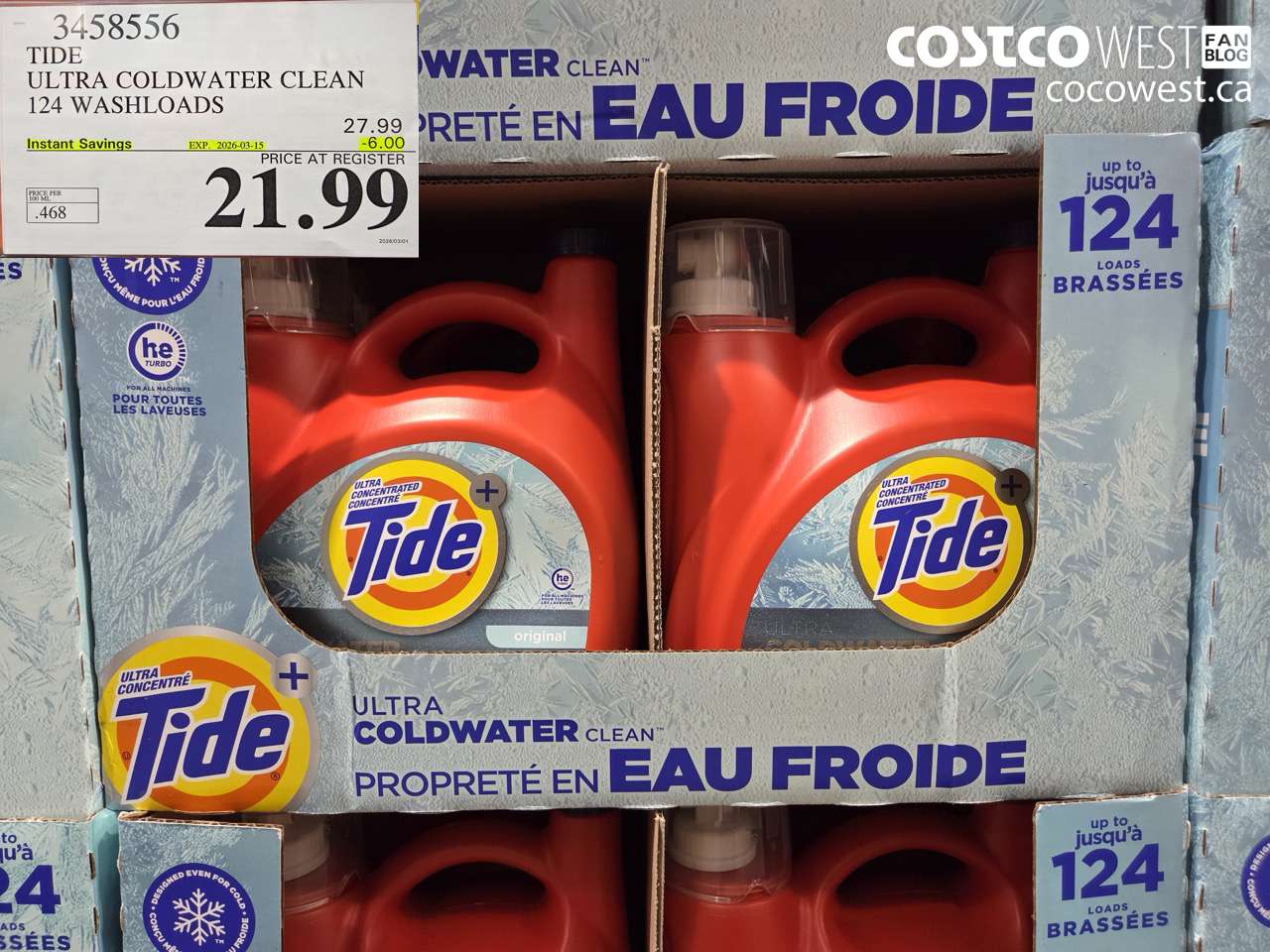 3458556 TIDE ULTRA COLDWATER CLEAN 124 WASHLOADS ($6.00 INSTANT SAVINGS EXPIRES ON 2026-03-15) $21.99