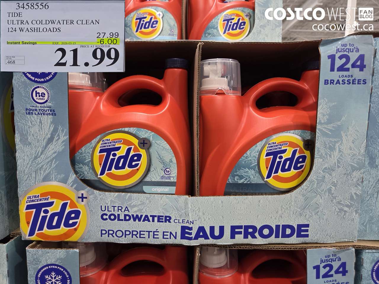 3458556 TIDE ULTRA COLDWATER CLEAN 124 WASHLOADS ($6.00 INSTANT SAVINGS EXPIRES ON 2026-03-15) $21.99