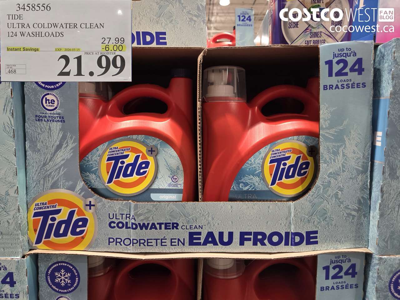 3458556 TIDE ULTRA COLDWATER CLEAN 124 WASHLOADS ($6.00 INSTANT SAVINGS EXPIRES ON 2026-03-15) $21.99