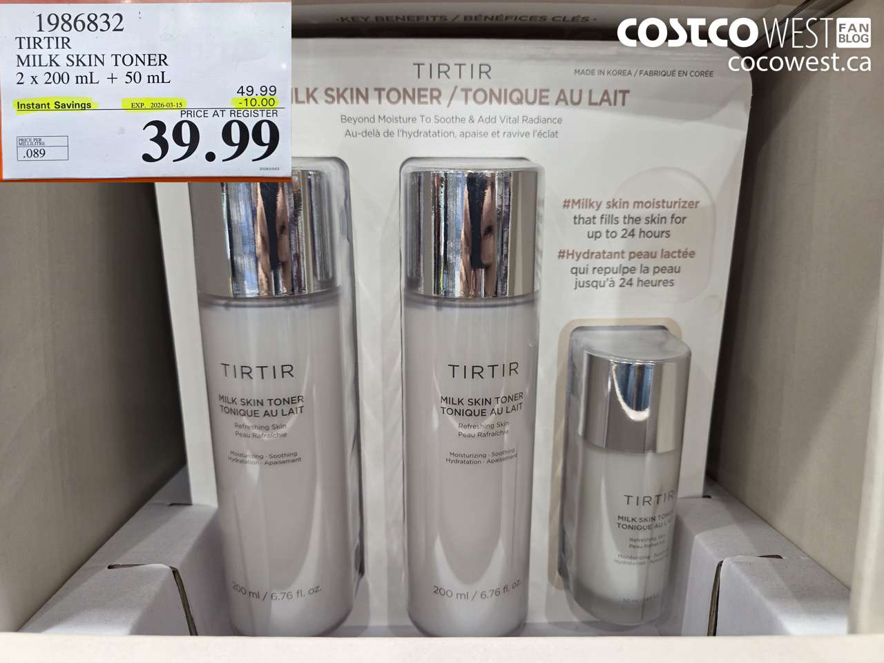 1986832 TIRTIR MILK SKIN TONER 2 x 200 mL + 50 mL ($10.00 INSTANT SAVINGS EXPIRES ON 2026-03-15) $39.99