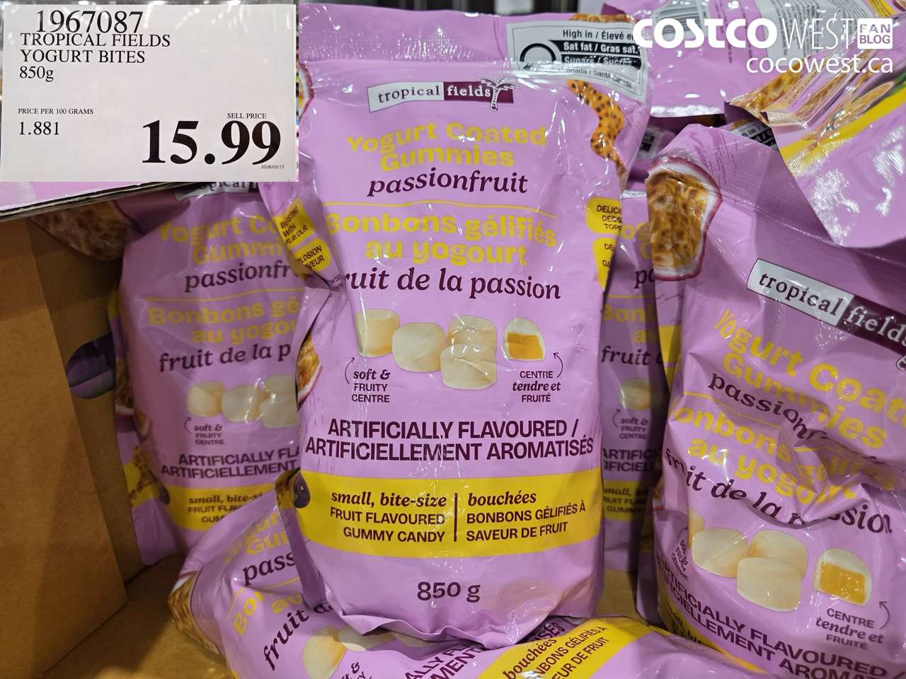 1967087 TROPICAL FIELDS YOGURT BITES 850G $15.99