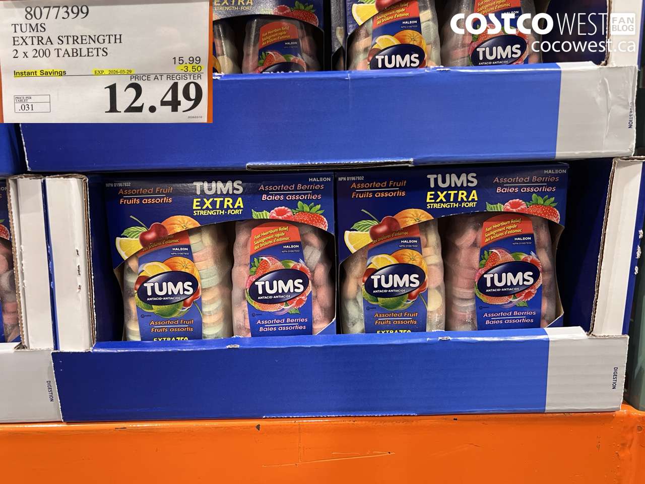 8077399 TUMS EXTRA STRENGTH 2 X 200 TABLETS ($3.50 INSTANT SAVINGS EXPIRES ON 2026-03-29) $12.49