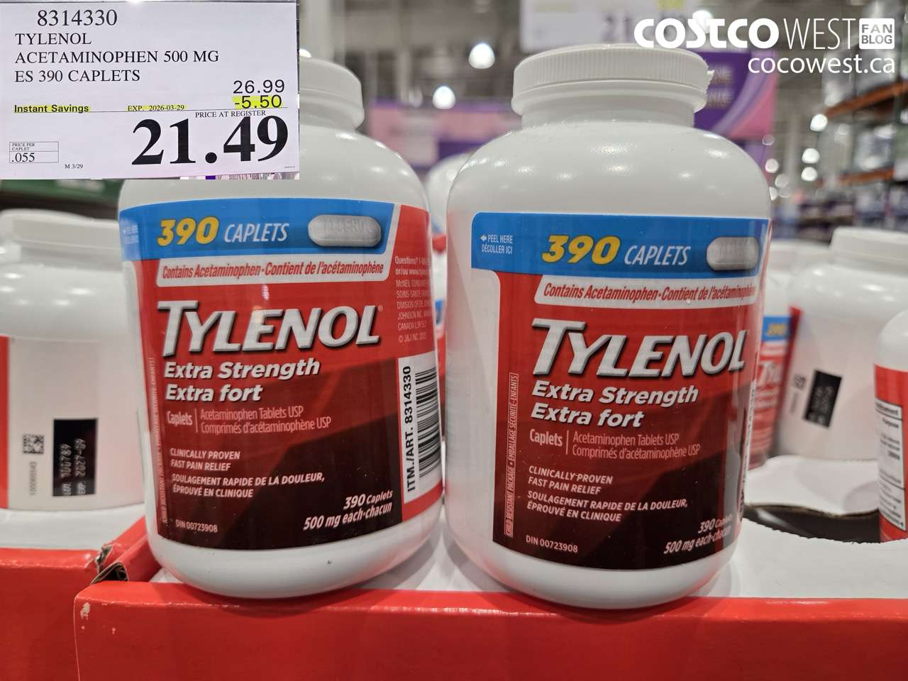 8314330 TYLENOL ACETAMINOPHEN 500 MG 390 CAPLETS ($5.50 INSTANT SAVINGS EXPIRES ON 2026-03-29) $21.49