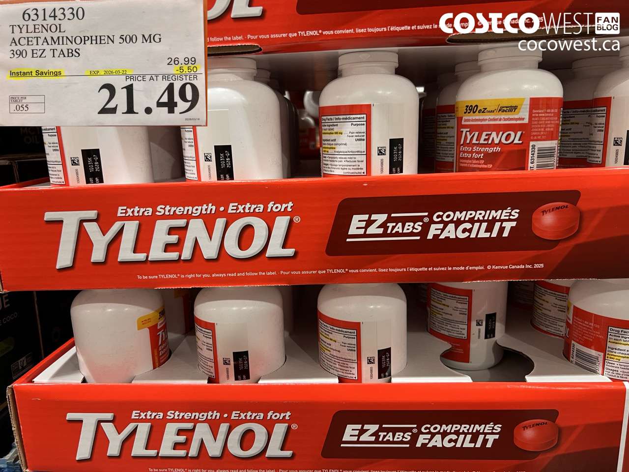 6314330 TYLENOL ACETAMINOPHEN 500 MG 390 EZ TABS ($5.50 INSTANT SAVINGS EXPIRES ON 2026-03-22) $21.49