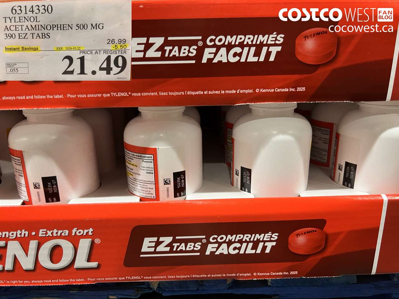6314330 TYLENOL ACETAMINOPHEN 500 MG 390 EZ TABS ($5.50 INSTANT SAVINGS EXPIRES ON 2026-03-22) $21.49