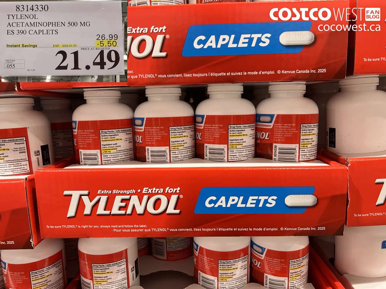 83143330 TYLENOL ACETAMINOPHEN 500 MG ES 390 CAPLETS ($5.50 INSTANT SAVINGS EXPIRES ON 2026-03-29) $21.49