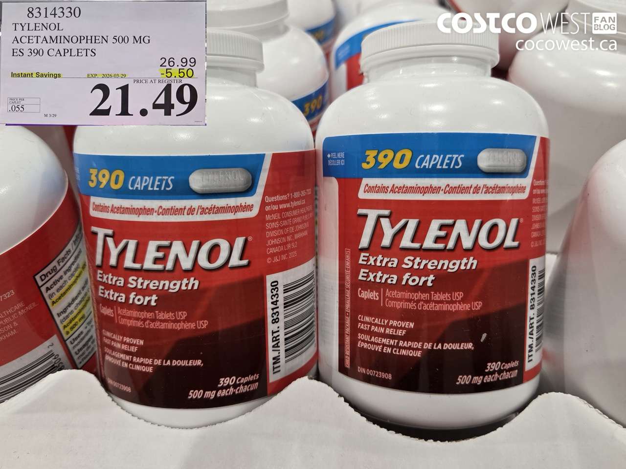 8314330 TYLENOL ACETAMINOPHEN 500 MG ES 390 CAPLETS ($5.50 INSTANT SAVINGS EXPIRES ON 2026-03-29) $21.49