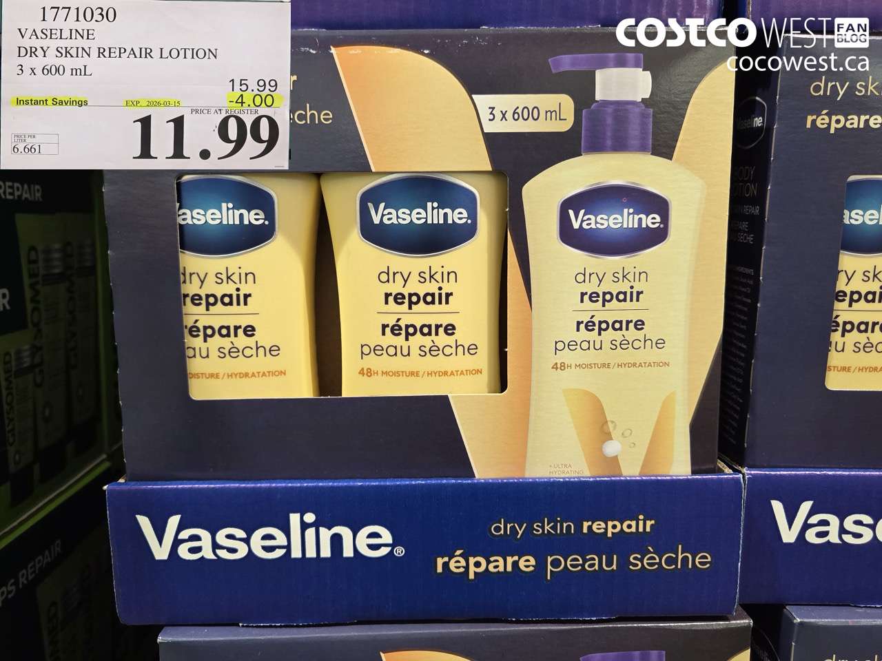 1771030 VASELINE DRY SKIN REPAIR LOTION 3 X 600 ML ($4.00 INSTANT SAVINGS EXPIRES ON 2026-03-15) $11.99