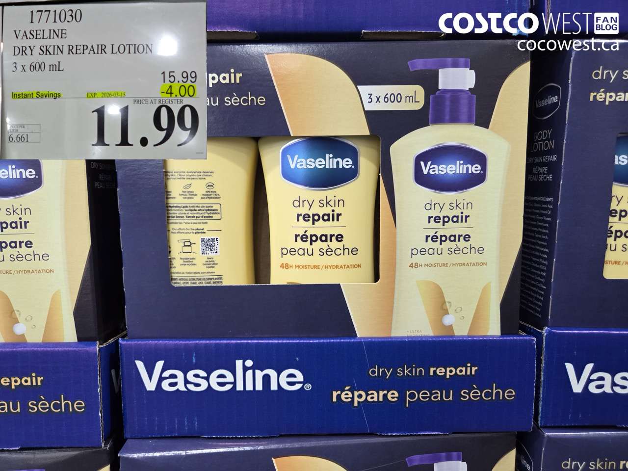1771030 VASELINE DRY SKIN REPAIR LOTION 3 X 600 ML ($4.00 INSTANT SAVINGS EXPIRES ON 2026-03-15) $11.99