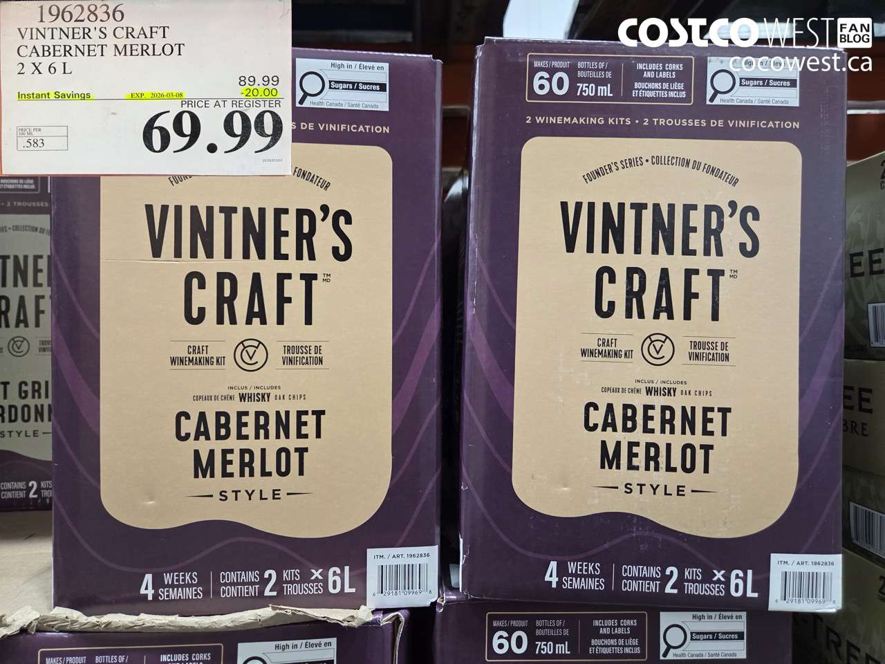 1962836 VINTNER'S CRAFT CABERNET MERLOT 2 X 6 L ($20.00 INSTANT SAVINGS EXPIRES ON 2026-03-08) $69.99