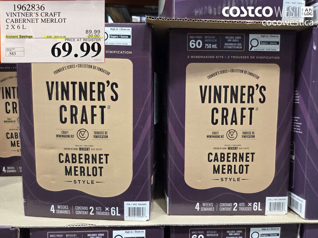 1962836 VINTNER'S CRAFT CABERNET MERLOT 2 X 6 L ($20.00 INSTANT SAVINGS EXPIRES ON 2026-03-08) $69.99