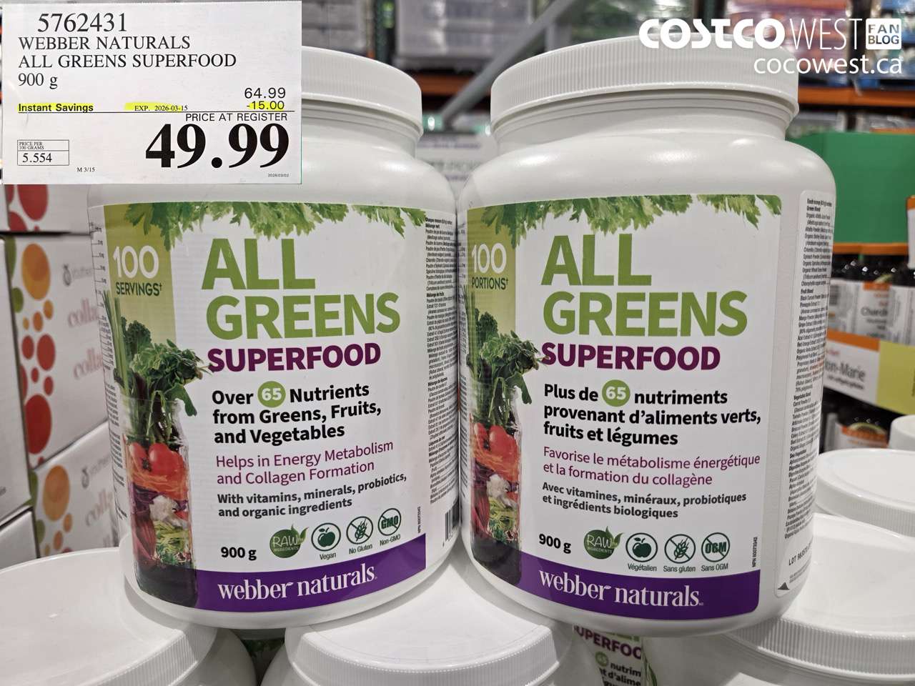 5762431 WEBBER NATURALS ALL GREENS SUPERFOOD 900 G ($15.00 INSTANT SAVINGS EXPIRES ON 2026-03-15) $49.99